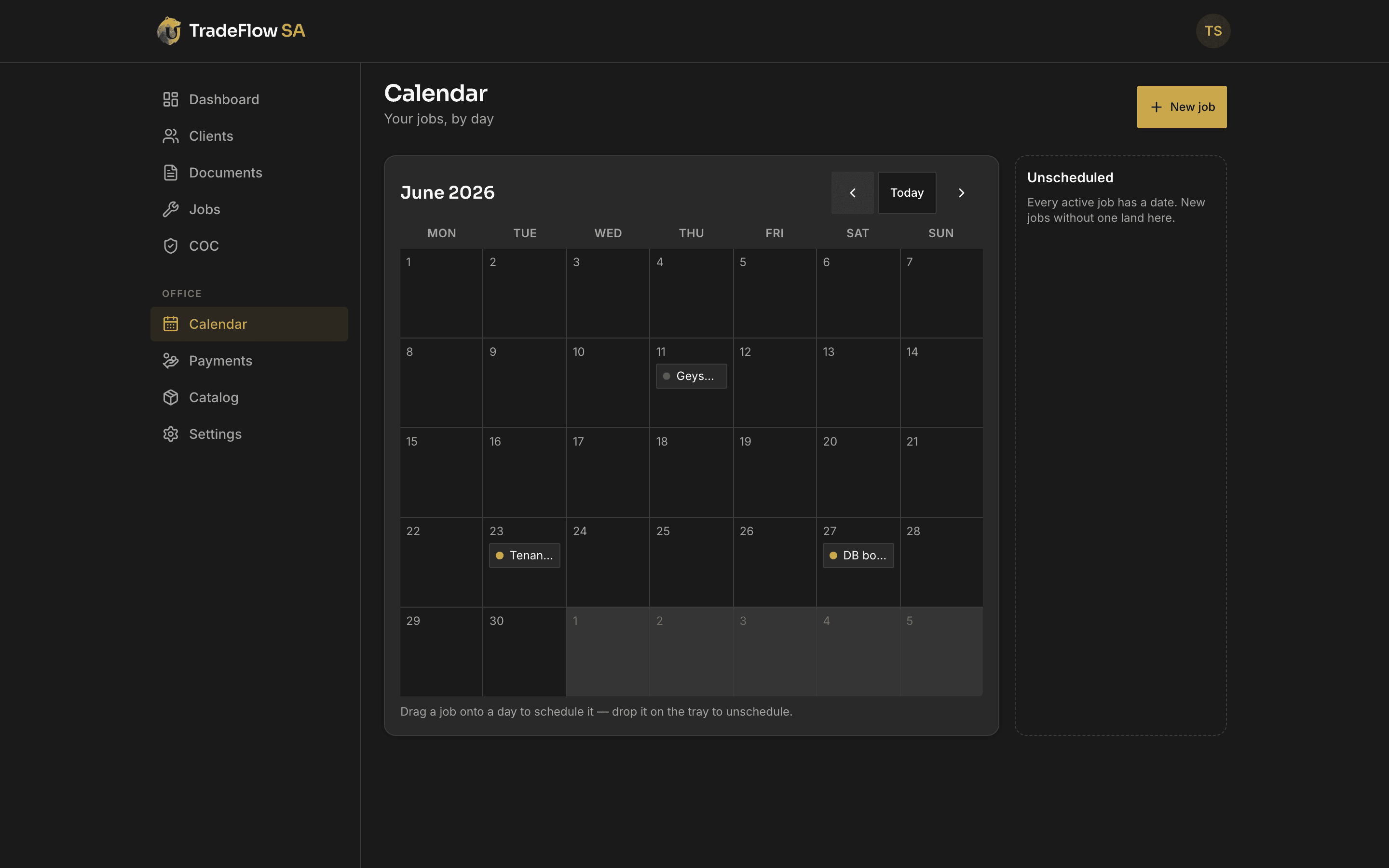 Desktop calendar with drag-to-reschedule job chips and sidebar navigation