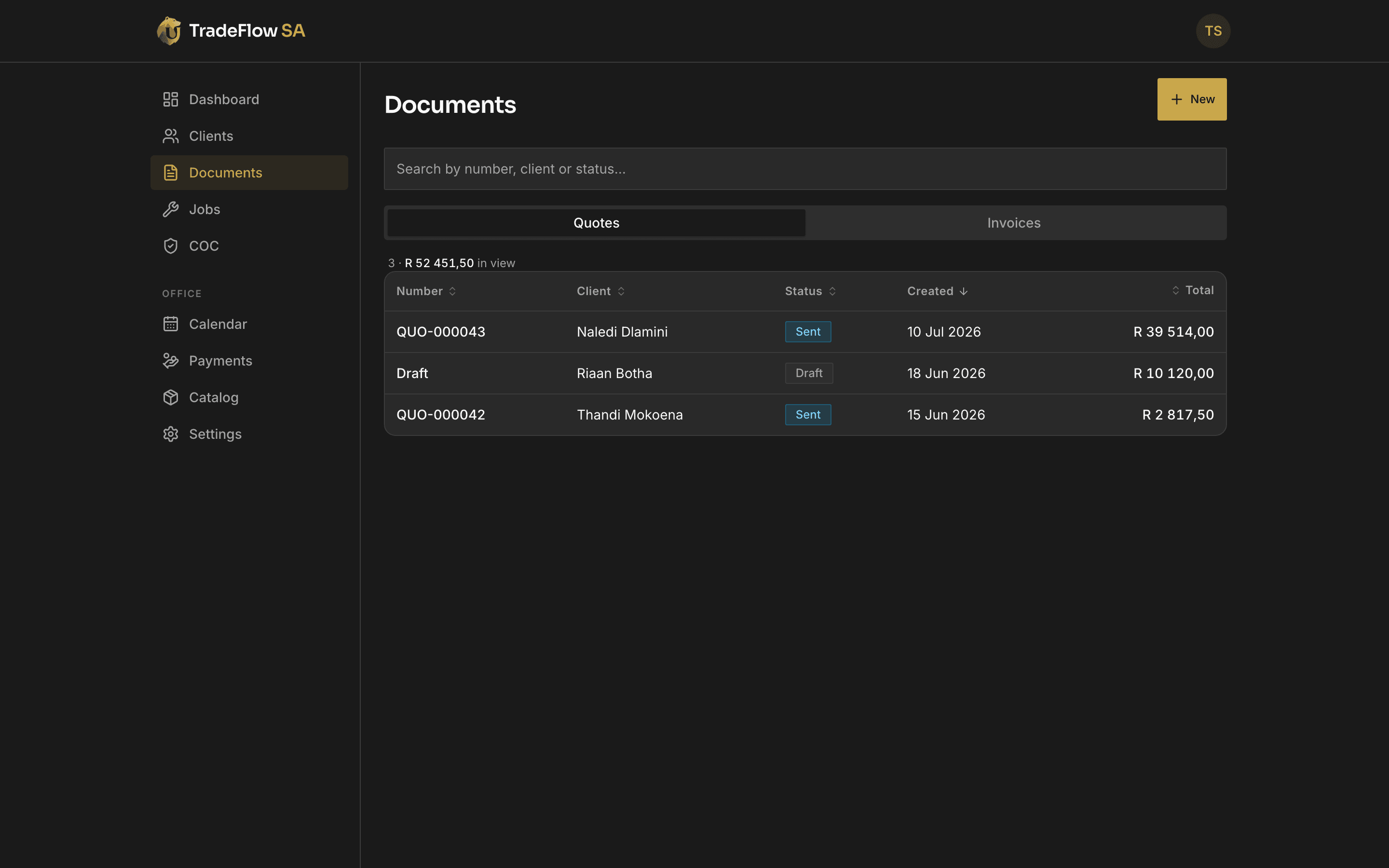 Desktop documents screen with a sortable quotes and invoices table
