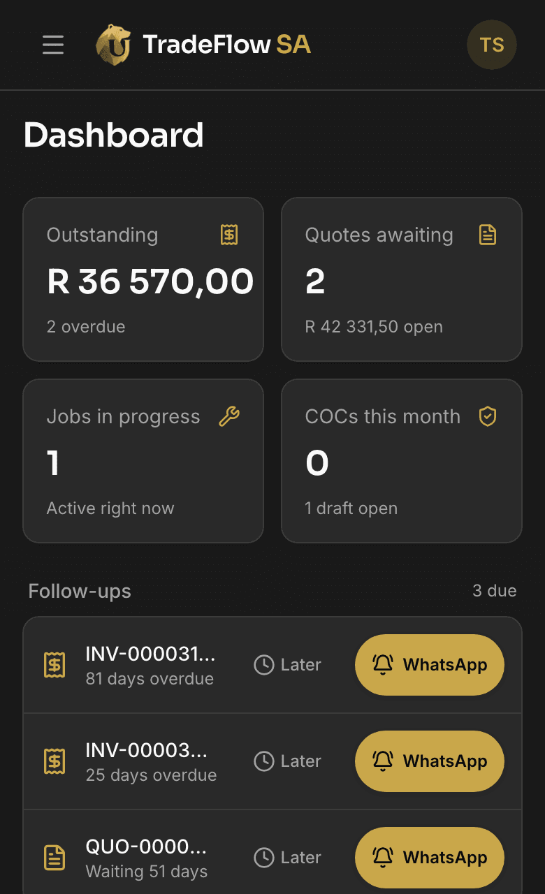 Dashboard with follow-ups and revenue trend
