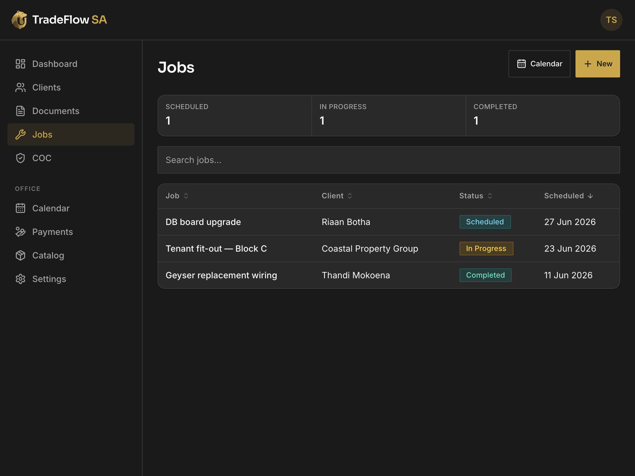 Tablet view of the jobs list with status counts and table
